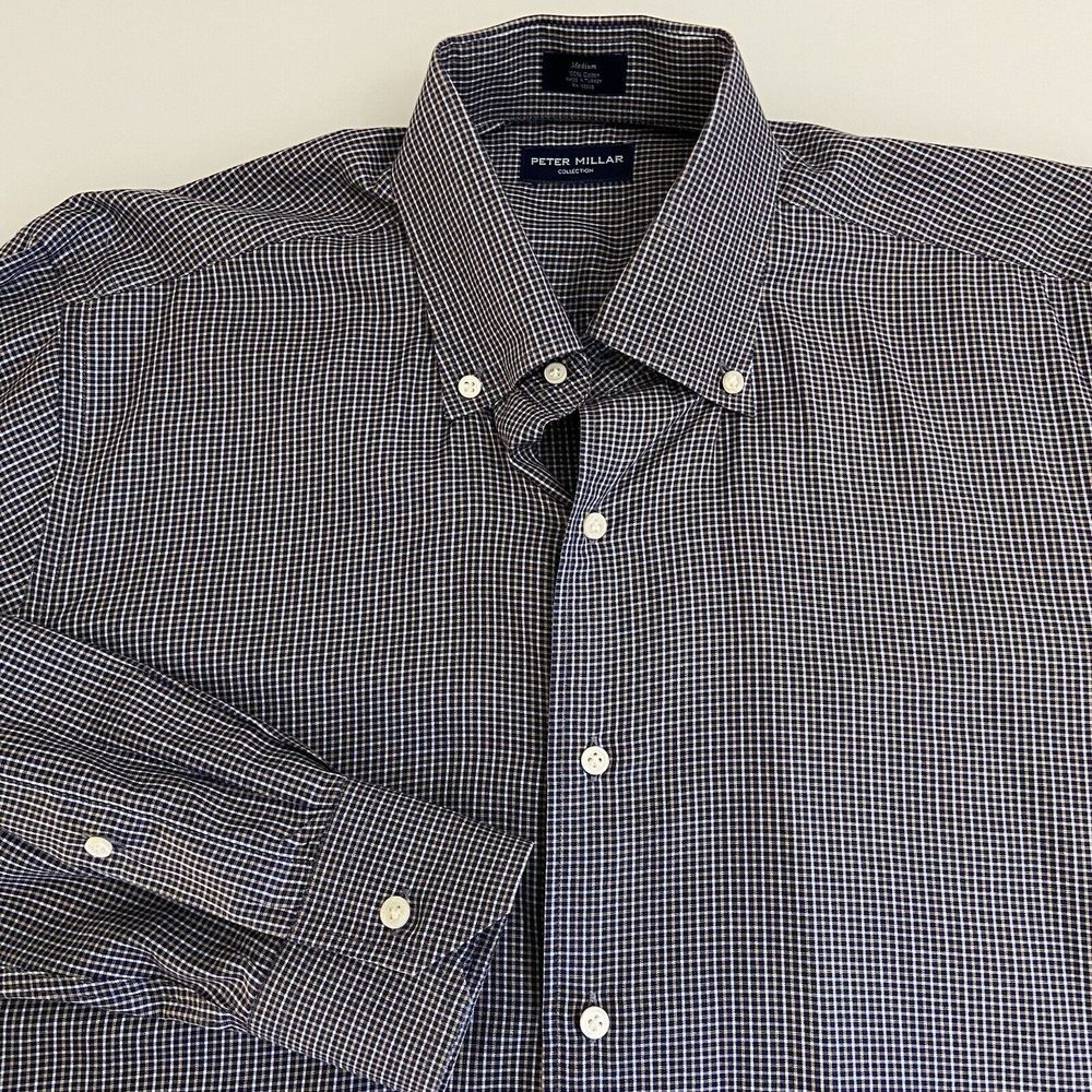 Peter Millar Collection Men's Navy/Beige Plaid‎ Long Sleeve Button Down Size Med